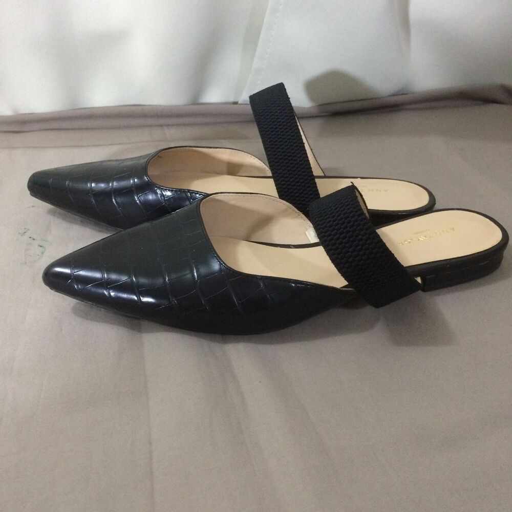 Ann Taylor Factory Black Pointed Toe Mule Flats Size 8.5 Faux Croc Slip On Shoes - Picture 3 of 8